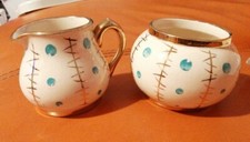 SUDLOWS BURSLEM MILK JUG & SUGAR BOWL CONTEMPORARY DESIGN BLUE SPOTS GOLD GUILT 