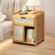 Bedside Table Storage Cabinet Bedroom Rattan Nightstand Sliding Door with Drawer