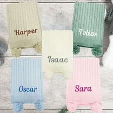 Baby Boy Girl Personalised Cable Knit Pom Pom Blanket Embroidered Name