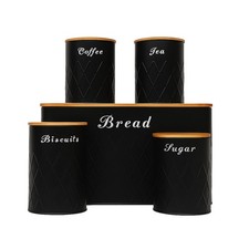 NEW! 5pc Black Bamboo Lid Kitchen Canister Set Bread Biscuits Tea Sugar Coffee