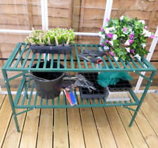 Green Metal 2 Tier Greenhouse Staging - Slatted Prefab Shelves, Easier Assembly