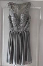 Sherri Hill Grey Silver Beaded Lace Bodice Chiffon Skirt Dress US 2 UK 6 New Wit