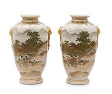 Antique Satsuma Ware Pottery Vase Pair  by Hakusan - Japanese Meiji c1880