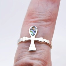 Silver Ankh Ring Tiny Cross of Life 925 Sterling Paua Shell Egyptian Protection
