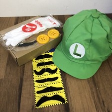 Super Mario Luigi Cap Hat Fancy  Dress Up Costume Outfit + Moustaches + Gloves