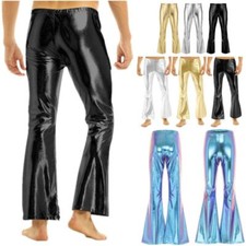Men's Bell Bottom Pants Shiny Metallic Disco Long Flared Trousers Tights Costume