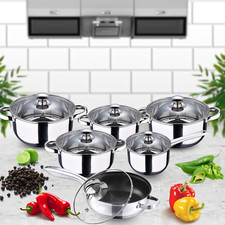 12 pc Induction Stainless Steel Cookware Kitchen Glass Lids Pot Pan Dinning Set