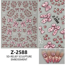 Nail Art Stickers 5D EMBOSSED PINK BOWS AND ANIMAL PRINT Z-2588