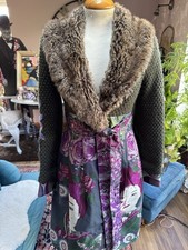 Desigual Geisha Knitted, Belted, Green And Purple Coat, Fur Collar, Size 38