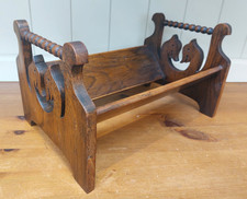 Antique Arts & Crafts oak book trough, shelf, rack, beading, horses heads