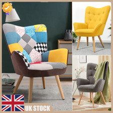 Patchwork Fabric Armchair Upholstered High Back Chair Button Wing Back Sofa UK