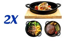 Cast Iron Sizzle Platter Steak Sizzler Serving Plate Sizzling Dish Wooden Base