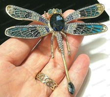 Large BLUE CRYSTAL Enamel DRAGONFLY BROOCH Shawl Pin Vintage Style Jewellery