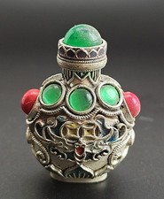 Handmade Tibetan silver inlaid green jade bead snuff bottle AF1