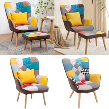 Fabric Tub Armchair Patchwork Lounge Sofa Padded Seat Winged Chairs w/ Footstool