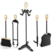 5 Piece Fire Tools Set Black Iron Fireplace Tool Kit with Brass Details