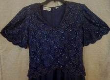 Vtg Laurence Kazar Navy Blue Flutter Sleeve Beaded Ballroom Dress XL 6 Yd Sweep