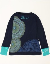 DESIGUAL Womens Graphic Top Long Sleeve UK 12 Medium Navy Blue Floral DE41