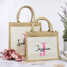 Girls Personalised Jute Bag with Pink Name & Initial Work Lunch Bag for Life
