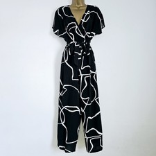 NEW Ex WALLIS 10-18 Wrap Front Wide Leg Belted Black & White Printed Jumpsuit