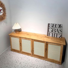 Natural Wood Shoe Bench with Storage - Rattan Doors, Entryway Seat Footwear Rack