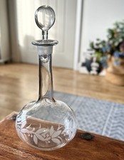 Antique Etched Glass Bulb Decanter with Foliage Design. With Original Stopper