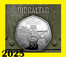 Gibraltar coin 50p pence 2025 80y end of WWII Second World War tank plane ship