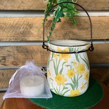 Daffodil Glass Tea Light Holder Metal Handle Gift Home Decor