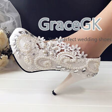 SALE Lace white ivory pearl Wedding shoes Bridal Bridesmaid 3"4" high heel pump 