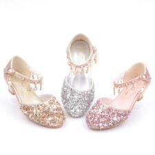 New Girls Kids Childrens Low Heel Party Wedding Mary Jane Sparkly Sandals Shoes