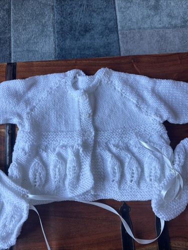 Hand knitted white matinee - hand,