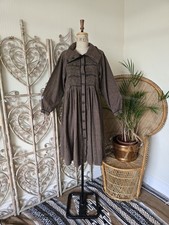 Vintage Monsoon brown shirring smocking smock prairie 80s midi dress S M