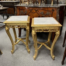 Pair French Louis XVI Gilt Marble Top Bedside Lamp Side Jardiniere Tables Square