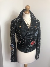 Zara studded real leather biker jacket with nautical badges patches size XS UK 6