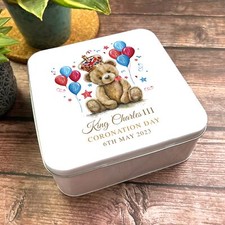 Square Watercolour Teddy Bear Balloons King Charles III Coronation Souvenir Tin