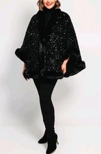 Frank Usher Size Sequin Faux Fur Trim Festive NYE Cape Black Sparkle BNWT