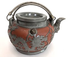 Vintage Chinese Yixing Teapot Zisha Red Clay With Pewter Dragon Overlay 7.5in S1