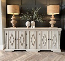 Large 4 Door Sideboard - Washed Reclaimed Pine - Decorative Diamond Panel Doors