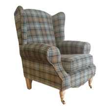 Accent Queen Anne Wing Back Cottage Chair Lana Duck Egg Tartan Light Wood Legs