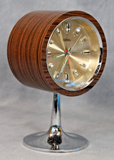 Vintage Coral Japan 2 Jewel Mechanical Pedestal Alarm Clock Wood & Chrome MCM