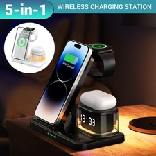 5in1 Wireless Charger Dock Station w/ Alarm Clock Night Light For iPhone Samsung