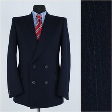 Mens Vintage Double Breasted Blazer 38R UK Striped Blue Wool Sport Coat Jacket