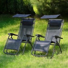 2x Zero Gravity Sun Loungers Canopy Drinks Holders Outdoor Garden Chairs Black