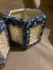 Pair Hexagonal Blue/White Oriental Lattice Pots Planters Brush Pot Plant Pot 