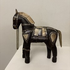 Vintage wooden horse hand carved metal and inlay decoration Brass Chain 16cm