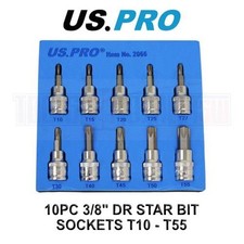 US PRO 10pc 3/8dr Torx / Star Bit Socket Set 48mm (L)  T10 TO T55 2066
