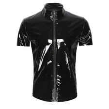 T-shirt Top Zipper Clubwear Vest Costume PVC Leather Underwear Long Sleeve Men