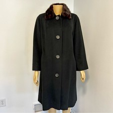 Vintage Black Wool Mongolian Cashmere Brown Mink Fur Collar Coat Size Medium