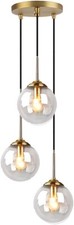 3 Way Pendant Light Cluster Hanging Fitting Brass Clear Glass Globe Lamp Shades