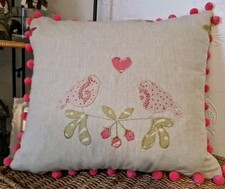 Susie Watson Lovebirds applique Feather Cushion Pink Pom Pom Trim   Handcrafted